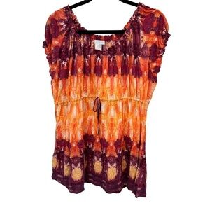 LizWear Orange Red Batik Polyester Short Sleeve Peasant Top Size XXL